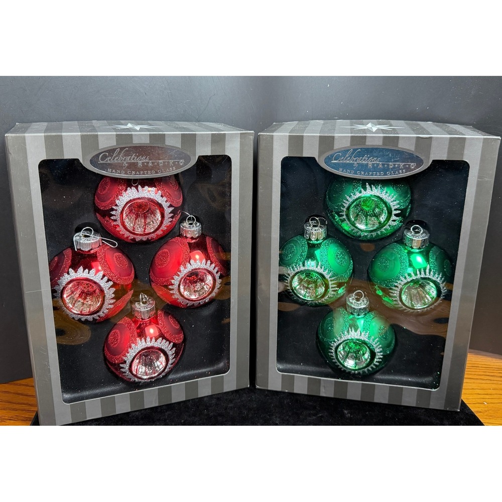 Christopher Radko Celebrations Glass Ornaments: Set 8, Red Green Reflector